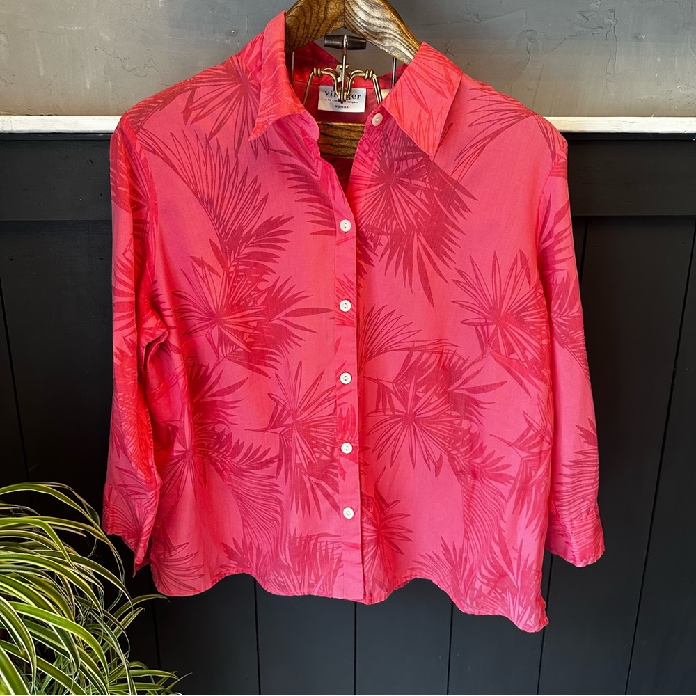 Villager Women's Vibrant Pink Tropical Women's Top Button Up Plus Size 18W